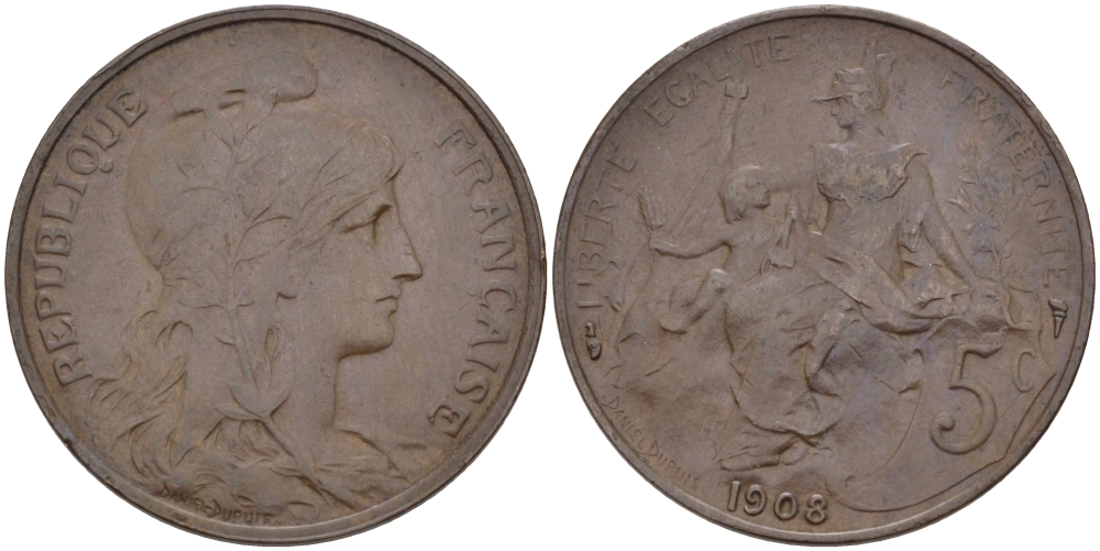 ФРАНЦИЯ 5 САНТИМОВ 1908 ТИП ДАНИЭЛЬ ДЮПЮИ KM 842, LE FRANC 119.19 бронза 28-613