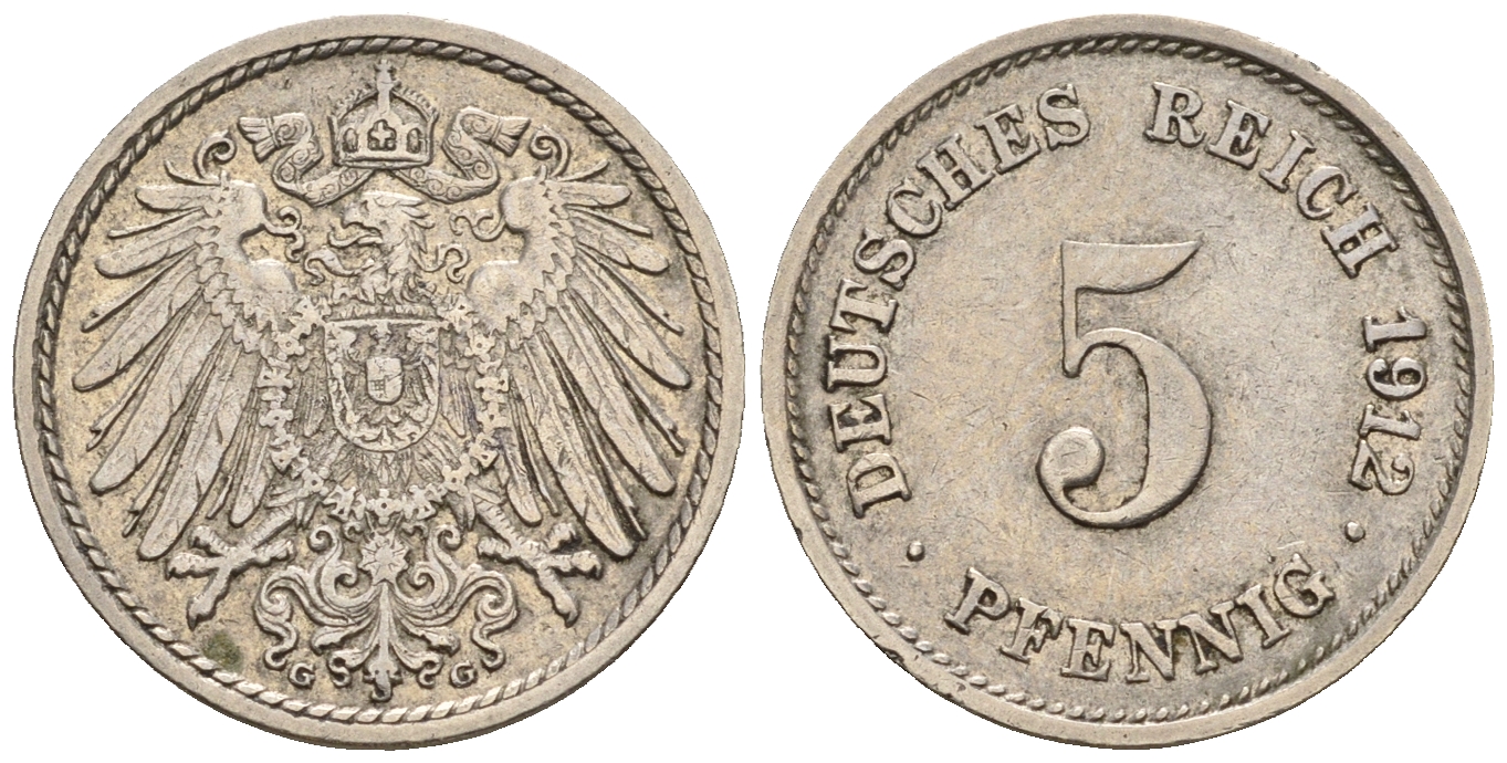 Германия 5 пфеннигов 1912 G, KM 11, J. 12 медно-никель 220-629