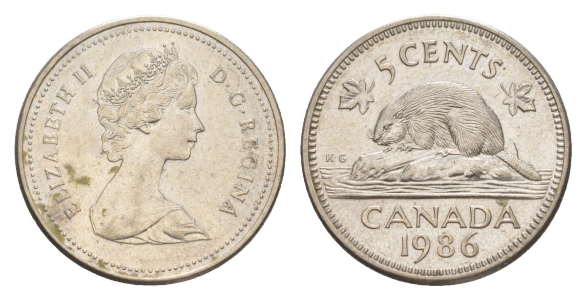 Канада 5 центов 1986 Елизавета II (1952-2022), бобр KM 60.2a медно-никель 4630-735