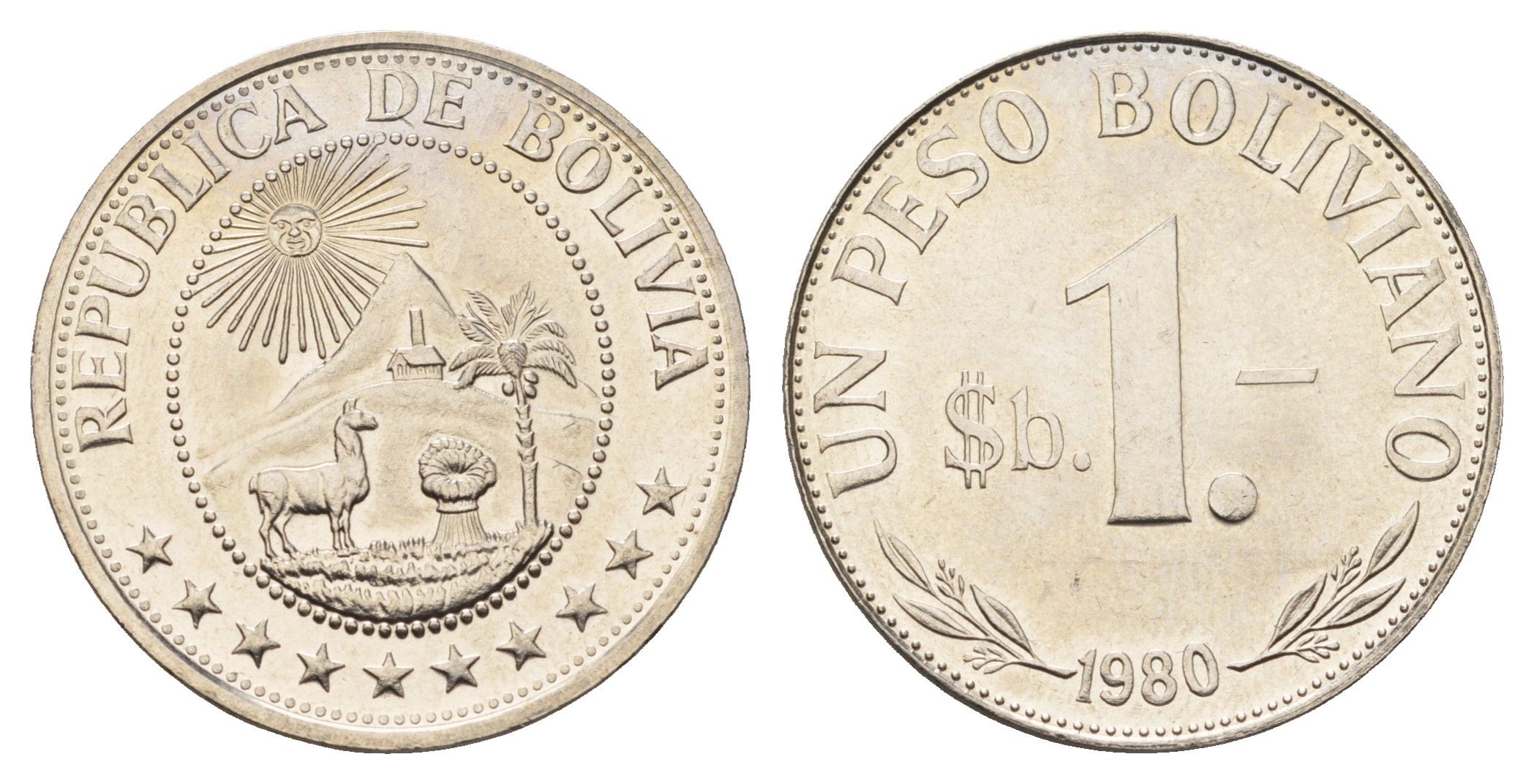 Боливия 1 песо 1980 KM 192 сталь плакированная никелем UNC 4622-1232