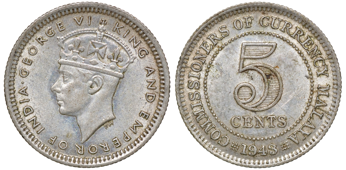 Британская Малайя 5 центов 1943 Георг VI (1937-1952) KM 3a серебро 53-152
