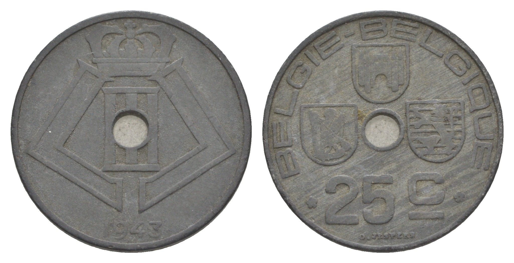 Бельгия 25 сантимов 1943 Belgie - Belgique, Леопольд III (1934-1947), германская оккупация, Вторая мировая война KM 132 цинк 4619-844