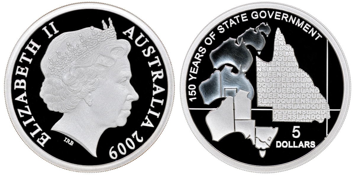 Австралия 5 долларов 2009 150 лет штату Квинсленд, коробка, сертификат, серебро KM NEW PROOF 2-5-2-1