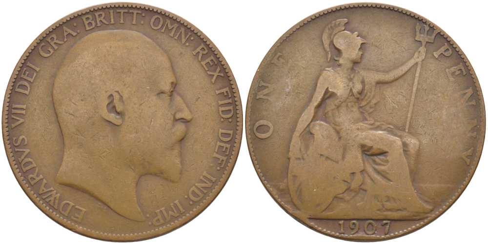 Великобритания 1 пенни 1907 Эдуард VII (1901-1910) KM 794.2, Spink 3990 бронза 4394-1125