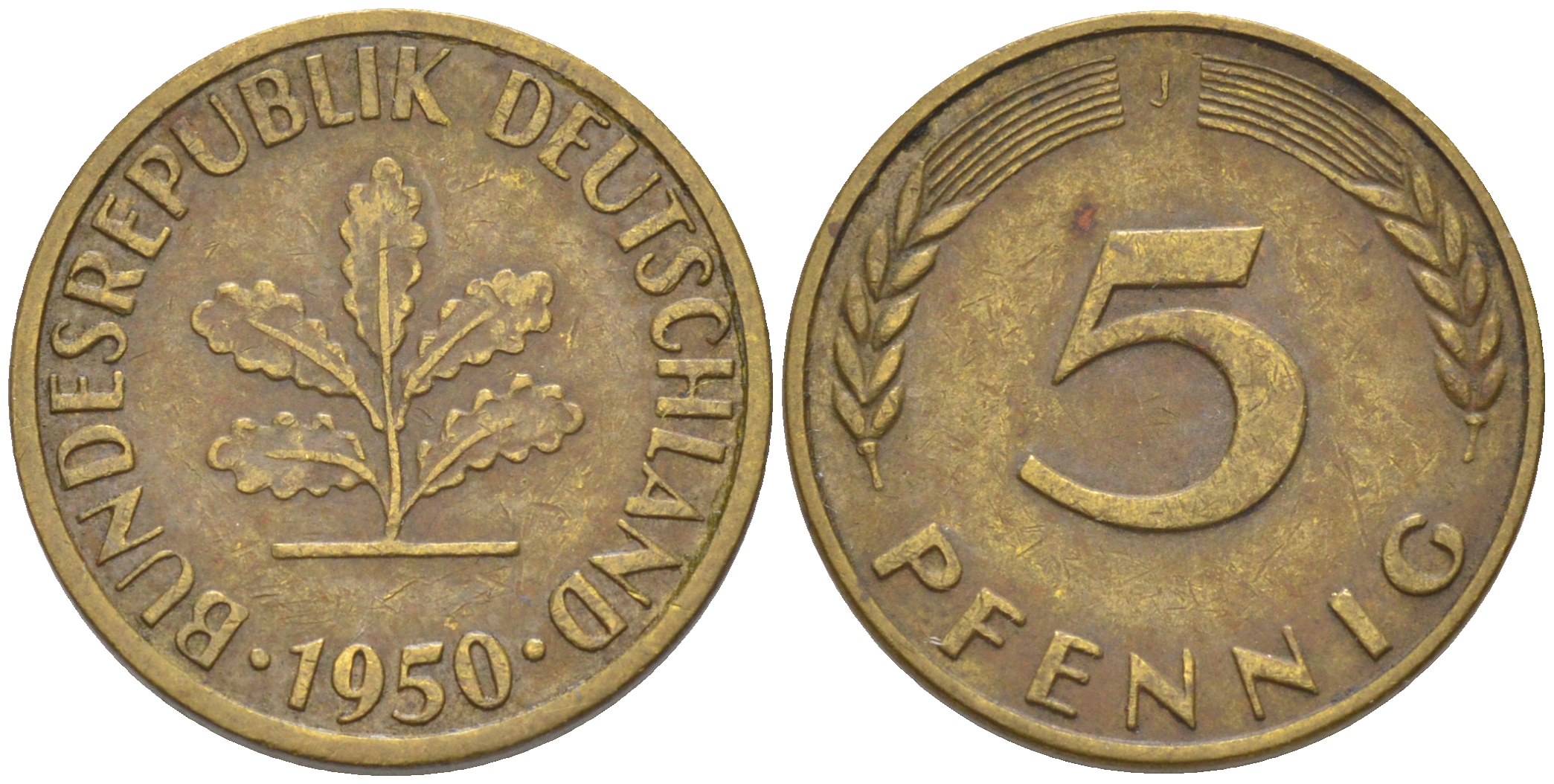 ФРГ 5 пфеннигов 1950 J KM 107, J. 382 сталь плакированная латунью 55-1253