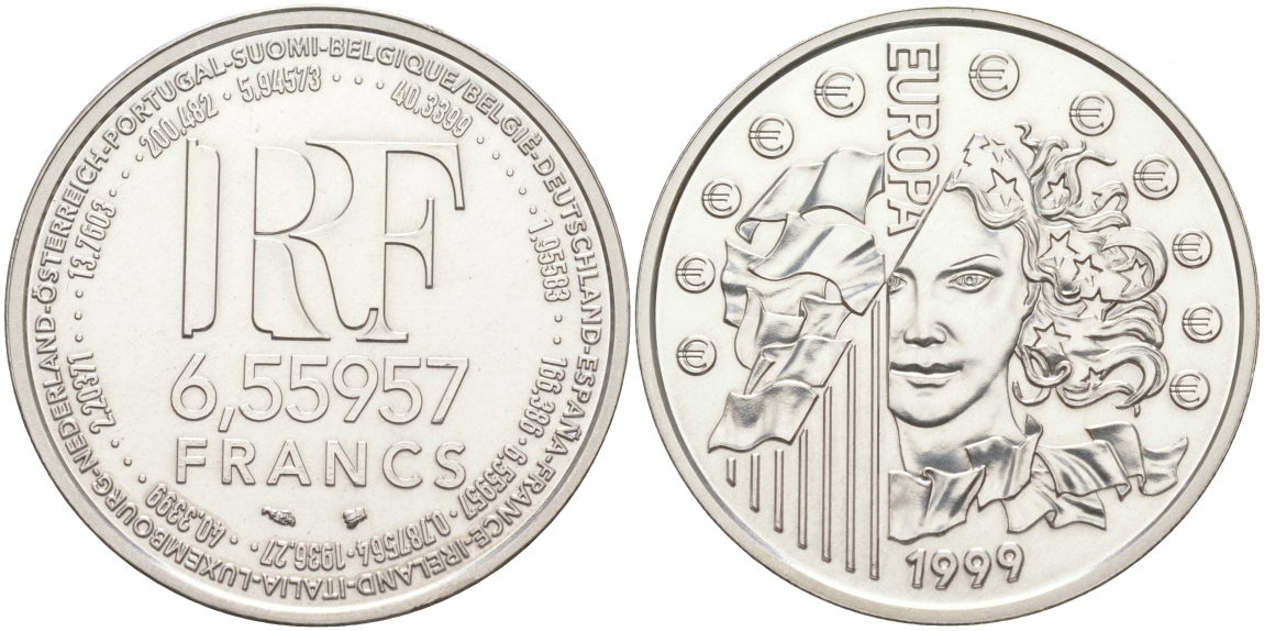 Франция 1 евро = 6,55957 франков 1999 страны Евросоюза, введение евро, курс франка к евро KM 1254 серебро UNC 1087-7-65