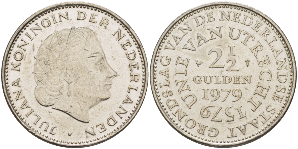 Нидерланды 2 1/2 гульдена 1979 400 лет Утрехтскому союзу, Юлиана (1949-1980) KM 197 никель 82-1242
