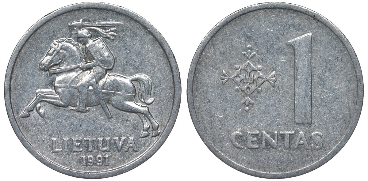 Литва 1 цент 1991 погоня, новая республика (1991-) KM 85 алюминий 4122-321