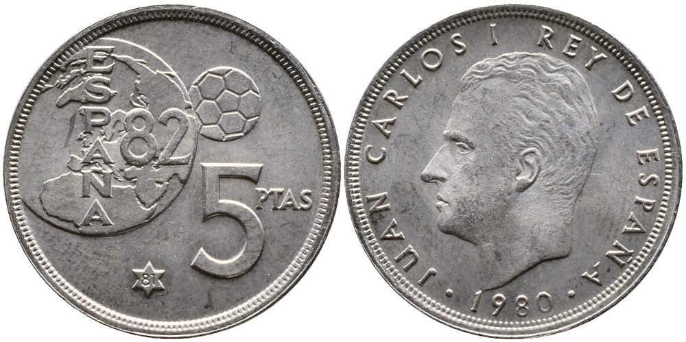 Испания 5 песет 1981 (80), Хуан Карлос, чемпионат мира по футболу Испания 82 KM 817 медно-никель 4384-1151