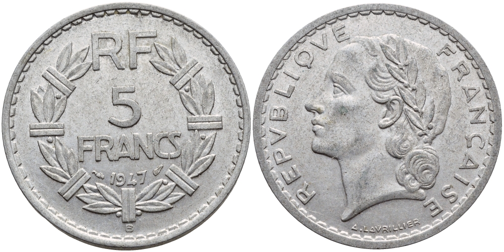 Франция 5 франков 1947 B, открытая 9, тип Лаврийе KM 888b.2, Le Franc 339.11 алюминий UNC 4526-513