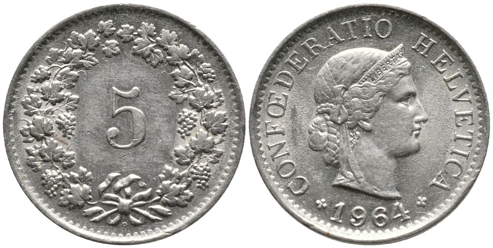 ШВЕЙЦАРИЯ 5 РАППЕНОВ 1964 KM 26 медно-никель 4528-645