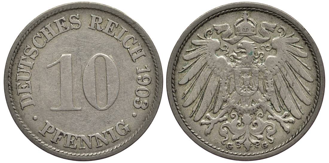 ГЕРМАНИЯ 10 ПФЕННИГОВ 1903 G KM 12, Jager 13, Weege 8 медно-никель 219-412