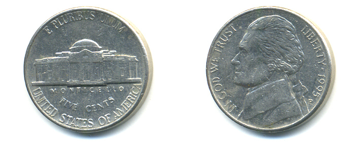 США 5 ЦЕНТОВ 1995 P, ДЖЕФФЕРСОН KM А192 медно-никель 179-752