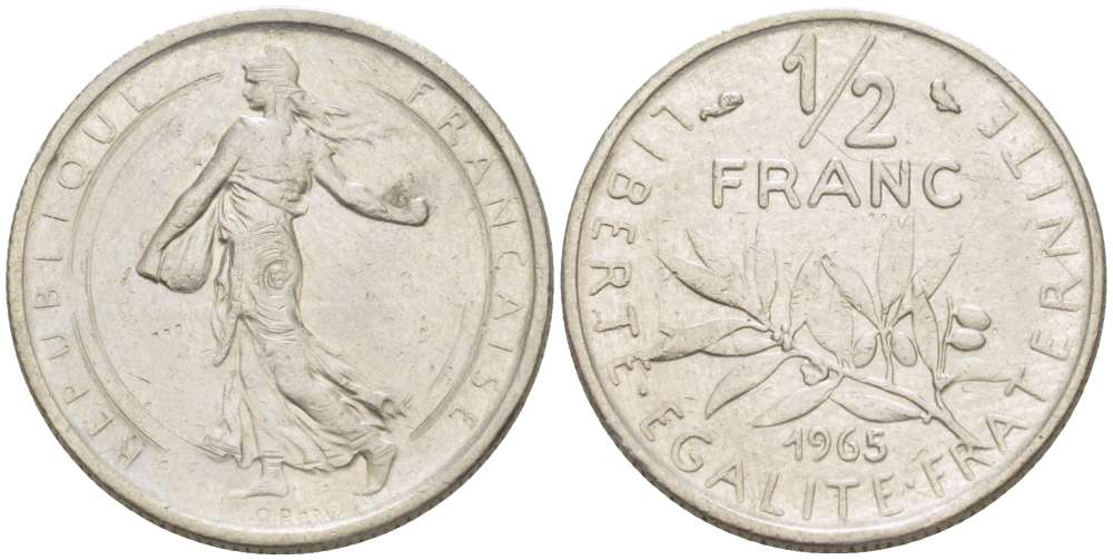 Франция 1/2 франка 1965 сеятель KM 931, Le Franc 198.3 никель 4519-827
