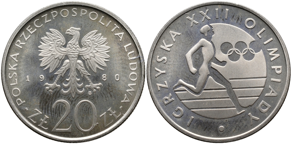Польша 20 злотых 1980 MW, XXII летние Олимпийские Игры, Москва 1980, бегун KM 108, Parchimowicz 252 медно-никель PROOF 441-915