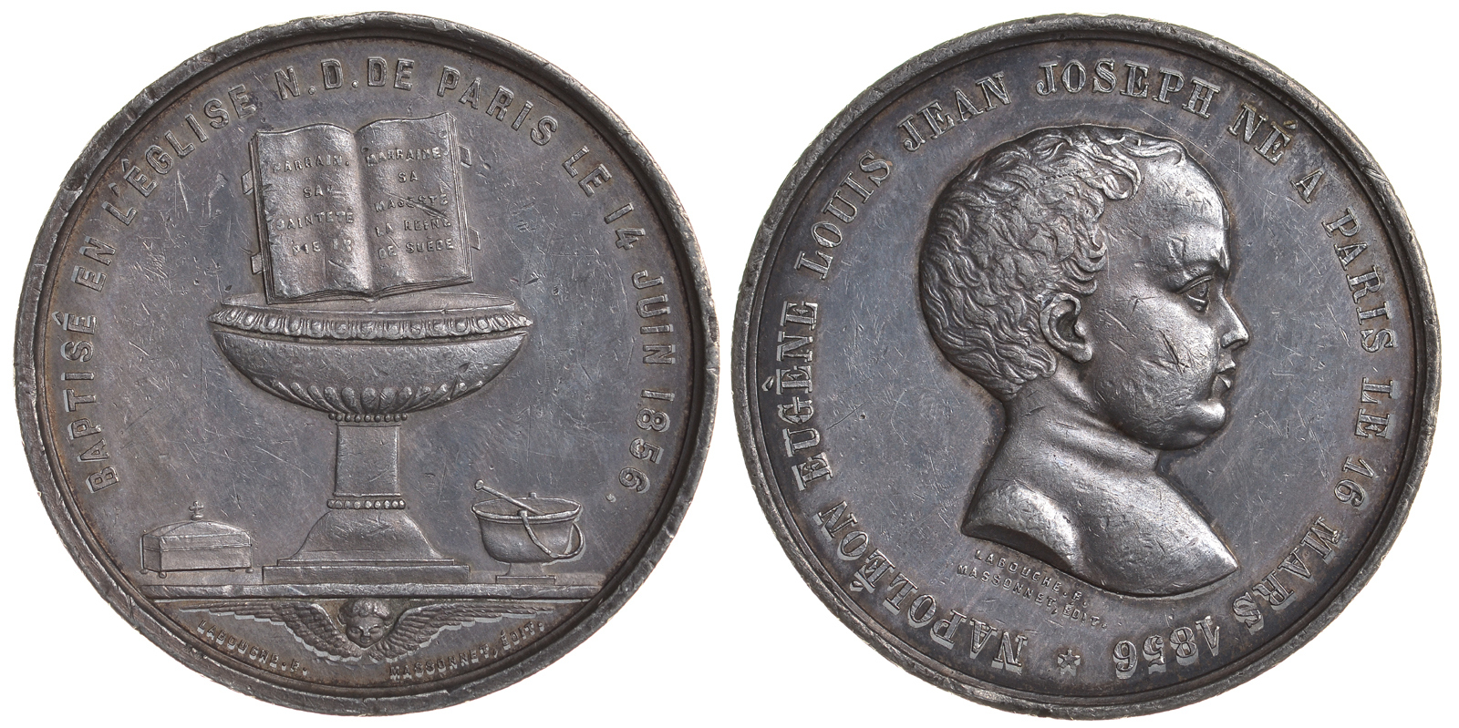 ФРАНЦИЯ МЕДАЛЬ 1856 НАПОЛЕОН-ЛУИ-ЖАН-ЖОЗЕФ, РОДИЛСЯ В ПАРИЖЕ 16 МАРТА 1856 ГОДА, КРЕЩЕН В СОБОРЕ НОТР ДАМ ДЕ ПАРИ 14 ИЮНЫ 1856 ГОДА, ДИАМЕТР 50 ММ., ВЕС 54,29 ГР. цинк 02-009-32