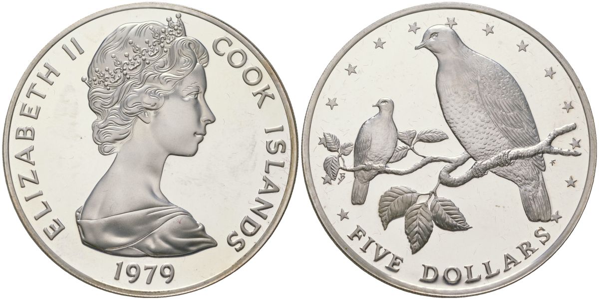 Острова Кука 5 долларов 1979 птицы - раратонгские фруктовые голуби KM 24 серебро PROOF 00-00