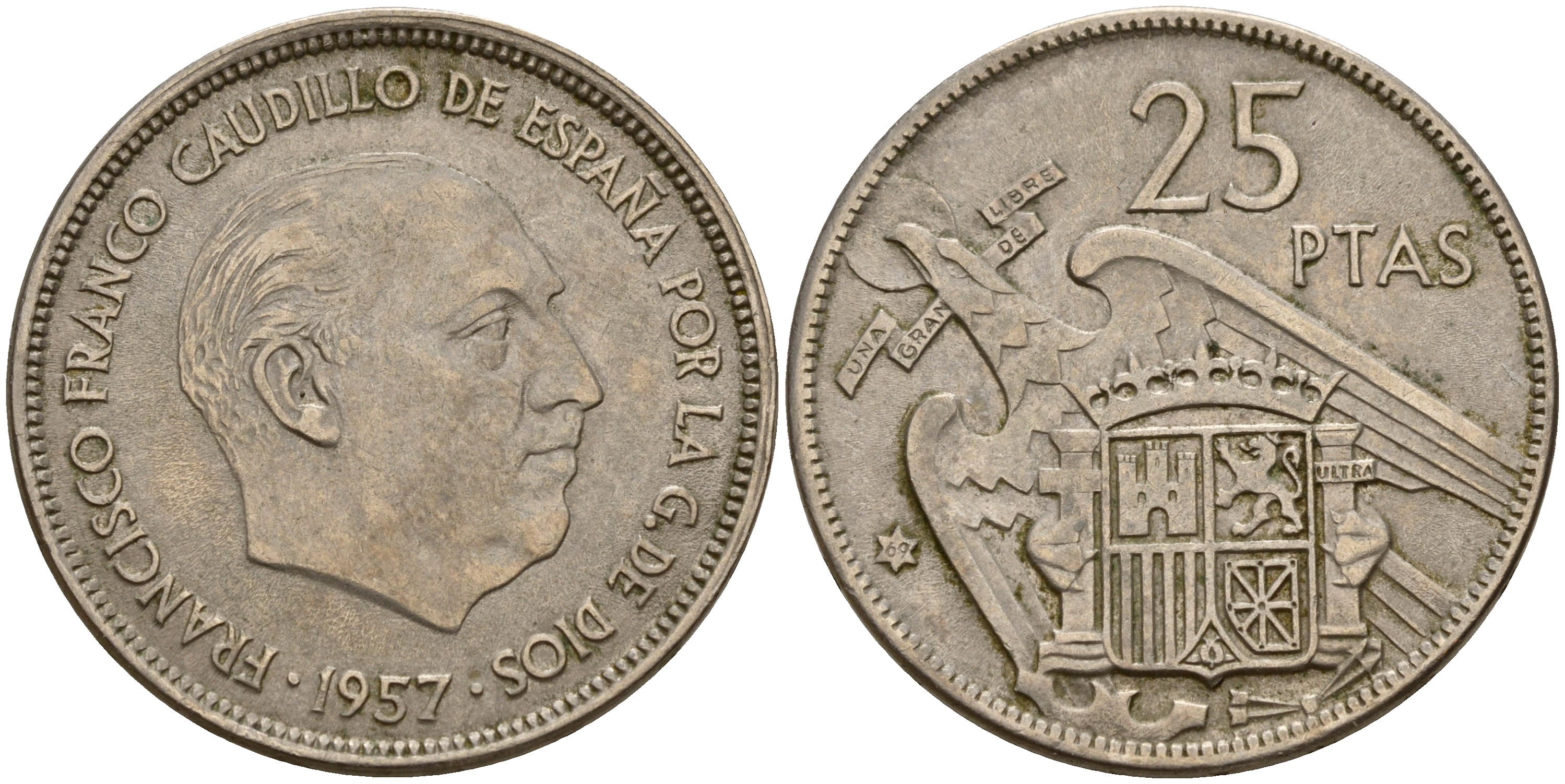 Испания 25 песет 1957 (69) Франсиско Франко (1939-1975) KM 787 медно-никель    4597-141