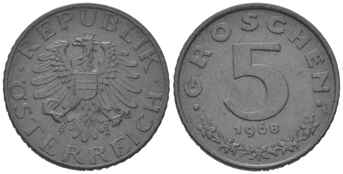 Австрия 5 грошей 1968 KM 2875 цинк UNC 192-234