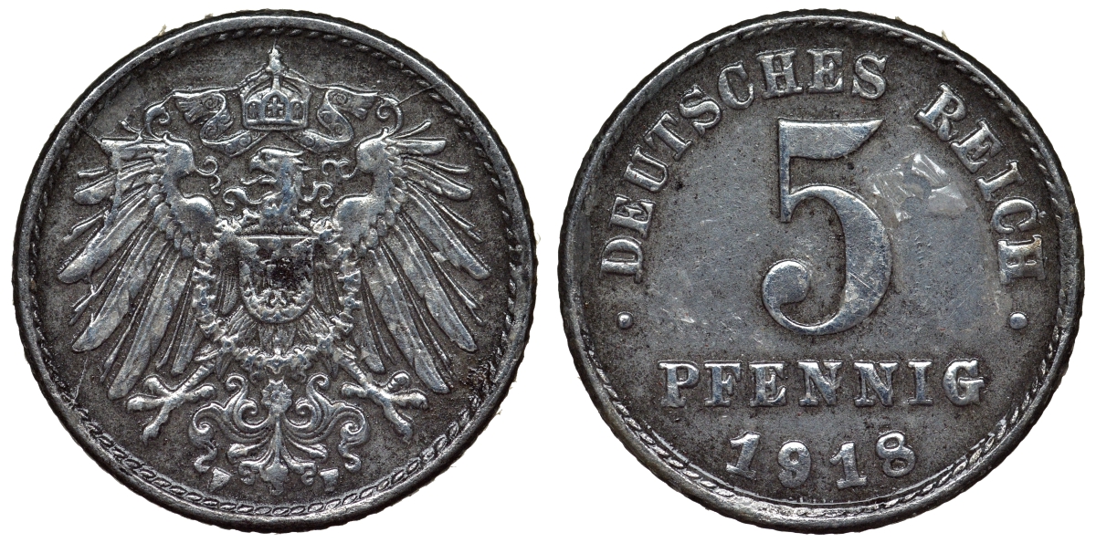 Германия 5 пфеннигов 1918 F KM 19, J. 297, Weege 5 железо 4118-1056
