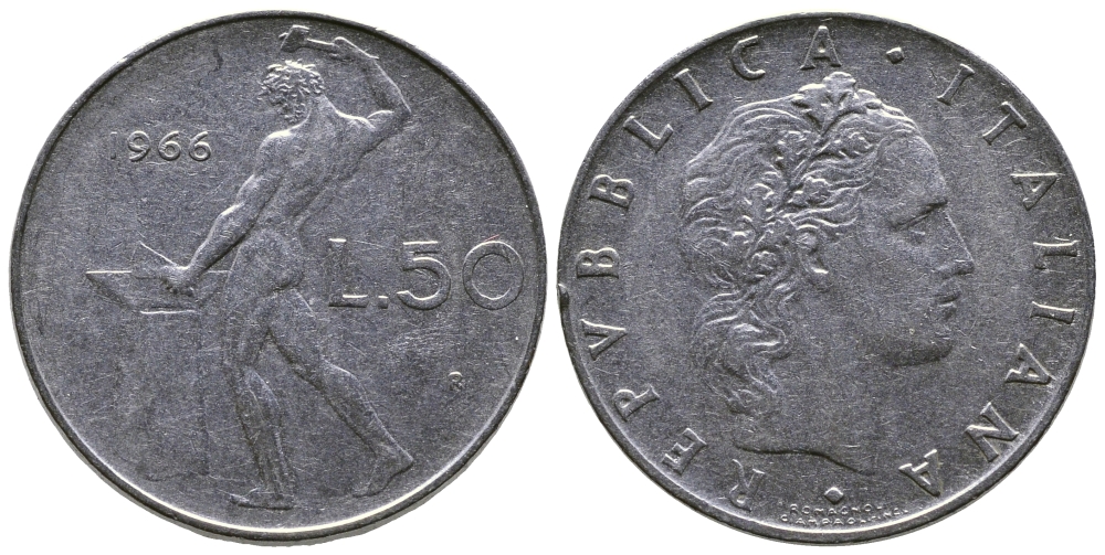 Италия 50 лир 1966 R, бог огня Вулкан у наковальни KM 95.1 нержавеющая сталь 85-114