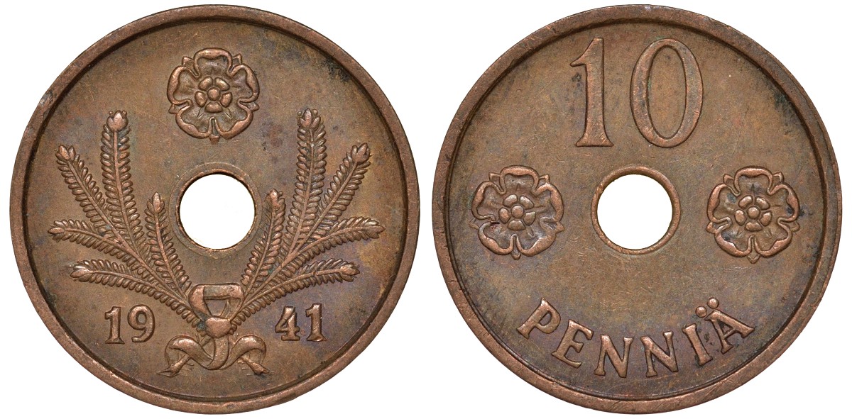 Финляндия 10 пенни 1941 KM 33.1 медь 51-3531