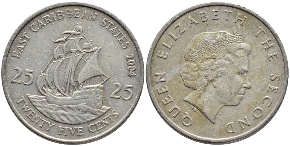 Восточно-Карибские штаты 25 центов 2004 Елизавета II (1952-2022), парусник KM 38 медно-никель 89-646
