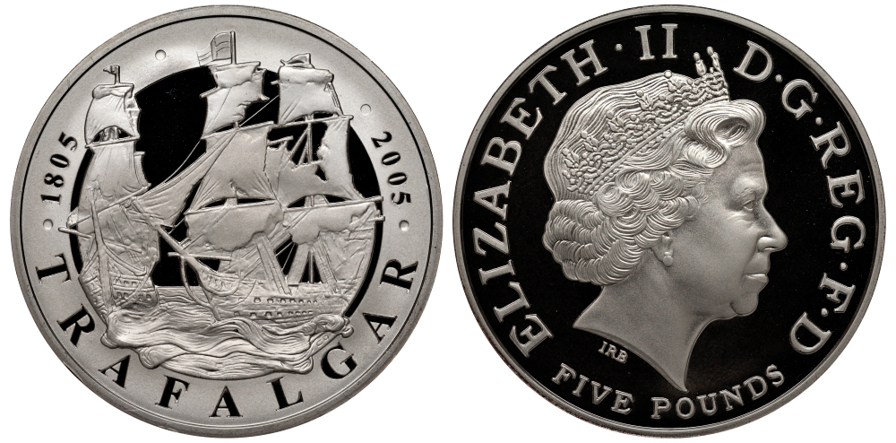 Великобритания 5 фунтов 2005 Елизавета II (1952-2022), 200 лет Трафальгарской битве, тираж 30000 экземпляров, в оригинальной коробке, с сертификатом KM 1053a, Spink L14 серебро  PROOF  4-2-22