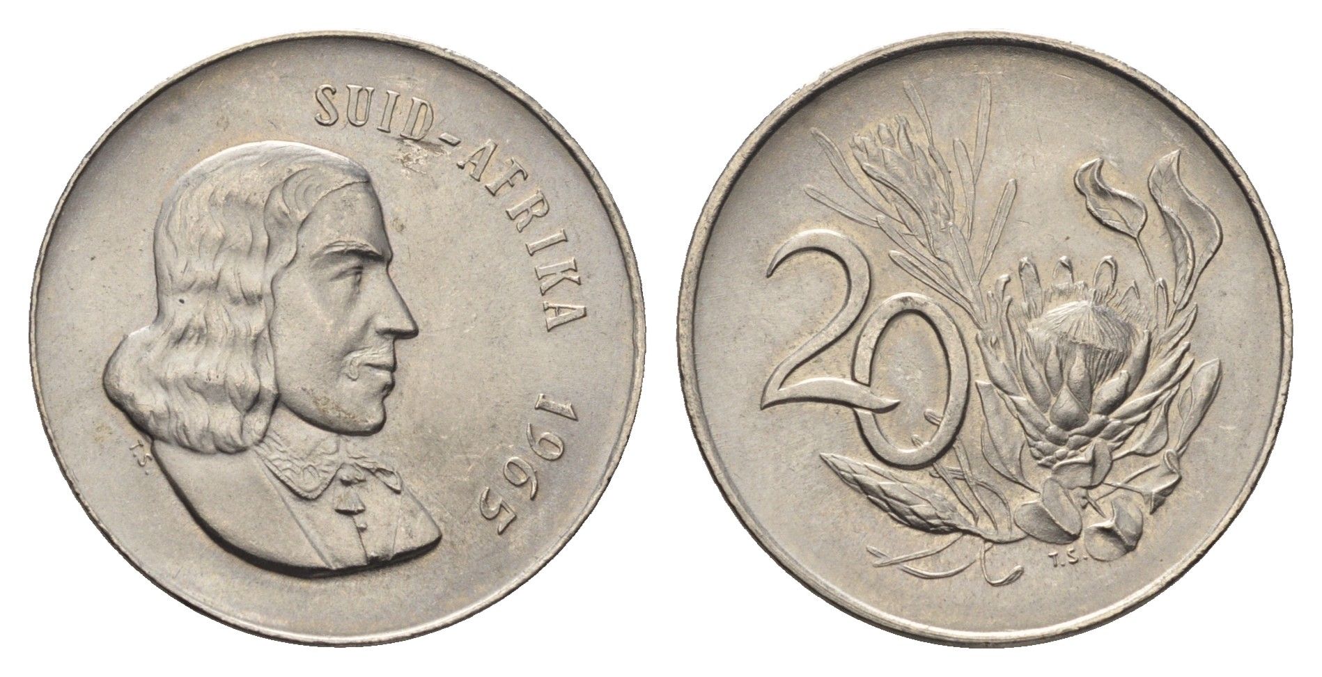 ЮАР 20 центов 1965 Ян ван Рибек (1619-1677), Suid Africa, легенда на африкаанс, цветок протея KM 69.2 никель UNC 4693-314