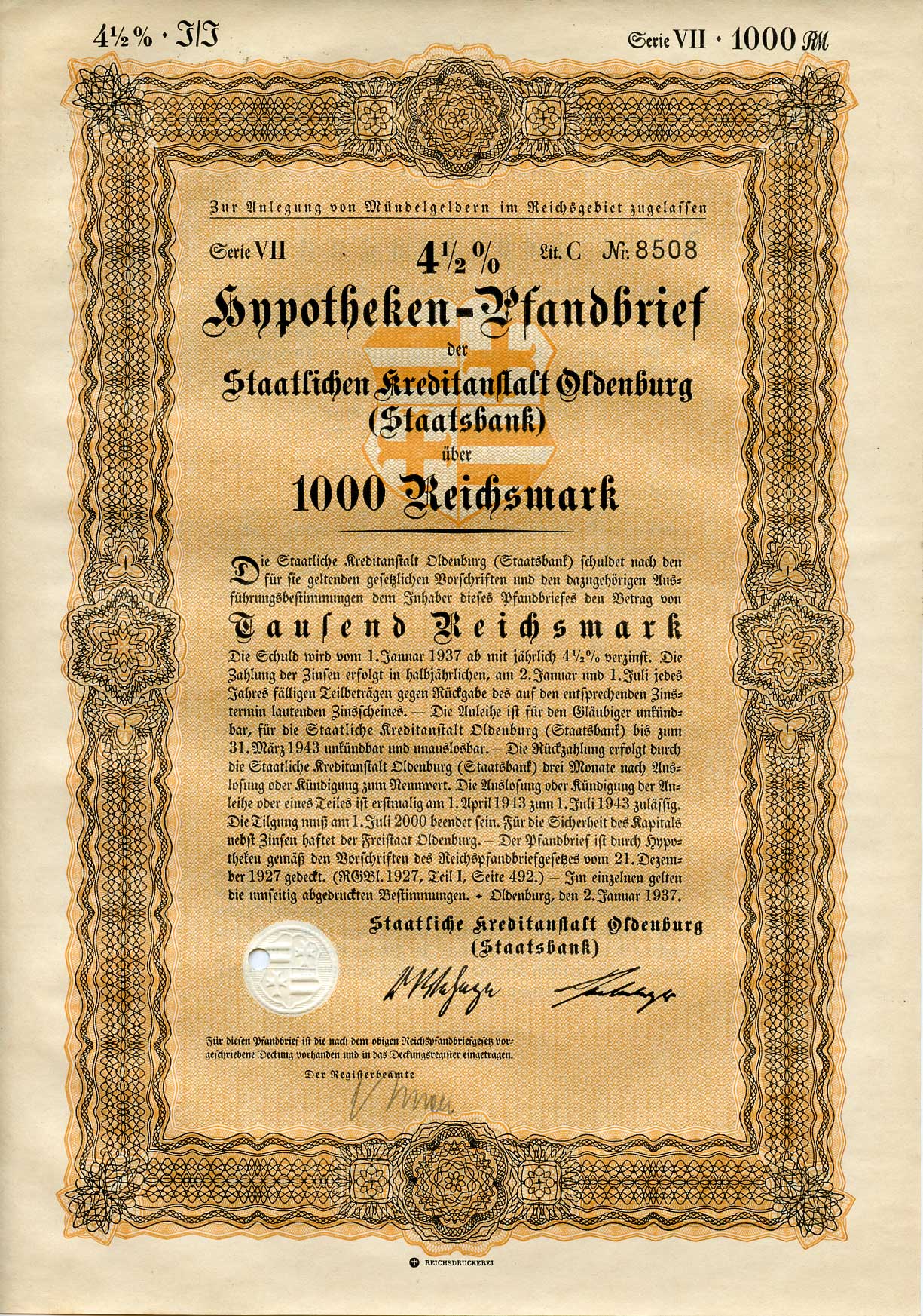 Германия 1000 рейхсмарок 1937 Государственное кредитное учреждение Ольденбурга (Государственный банк), ипотечный залог под залог 4-1/2%, облигация   бумага   8801-74-1