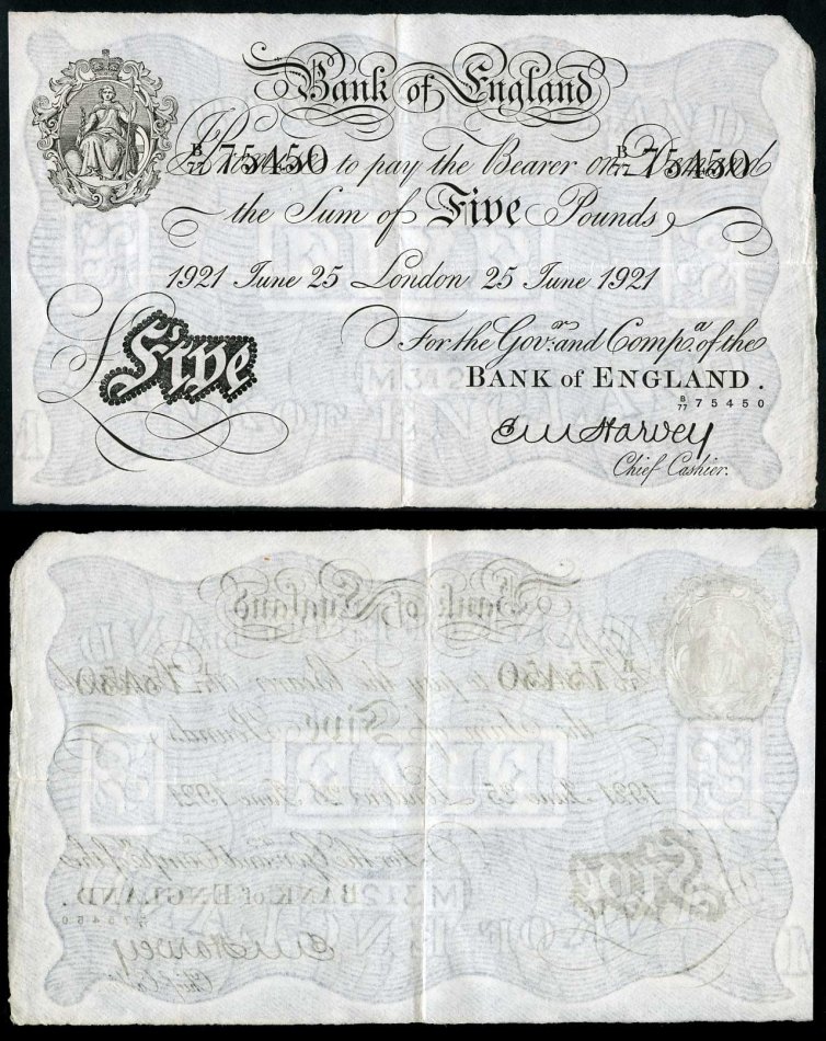 Англия 5 фунтов 1921 Лондон, 25 июня, № 75450 Pick 312a бумага aUNC 000-00-00