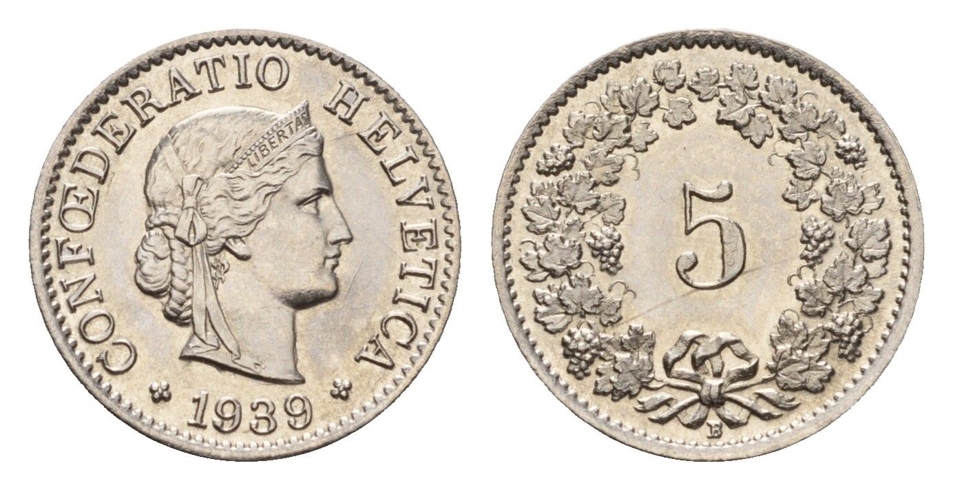 Швейцария 5 раппенов 1939 B KM 26b никель UNC 46-1021