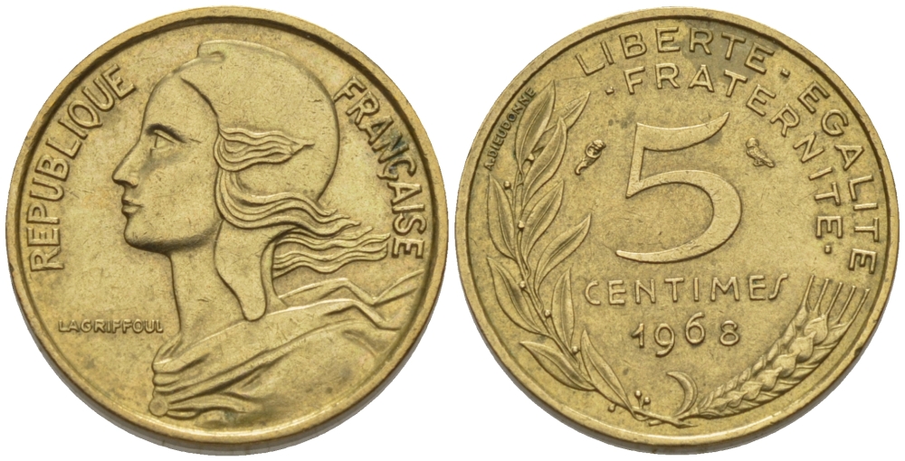 ФРАНЦИЯ 5 САНТИМОВ 1968 ТИП MARIANNE KM 933, LE FRANC 125.4 алюминиевая бронза 66-438