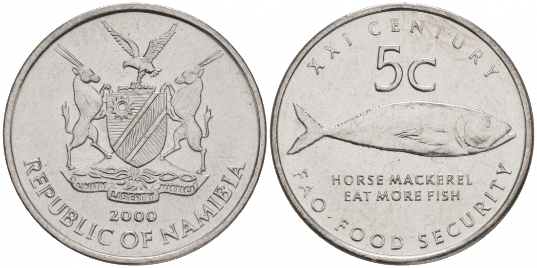 Намибия 5 центов 2000 FAO, рыба KM 16 нержавеющая сталь UNC M24-09