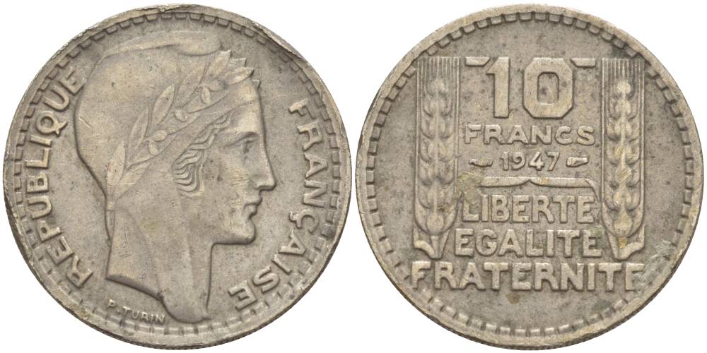 ФРАНЦИЯ 10 ФРАНКОВ 1947 TURIN, PETITE TETE, МАЛАЯ ГОЛОВА KM 909.1 медно-никель KM 909.1 медно-никель 4545-925