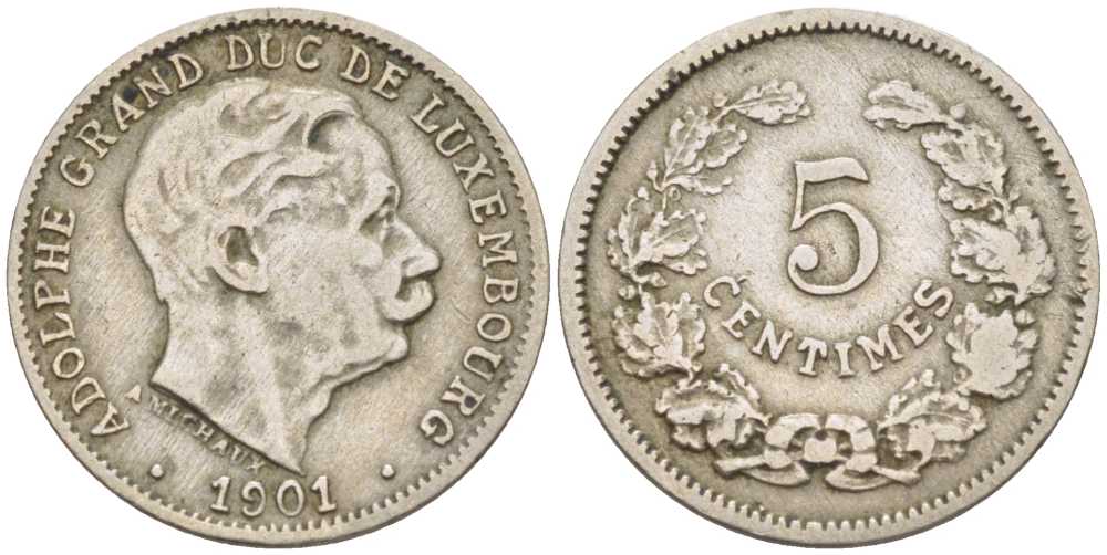 Люксембург 5 сантимов 1901 герцог Адольф (1890-1905) KM 24 медно-никель105-765