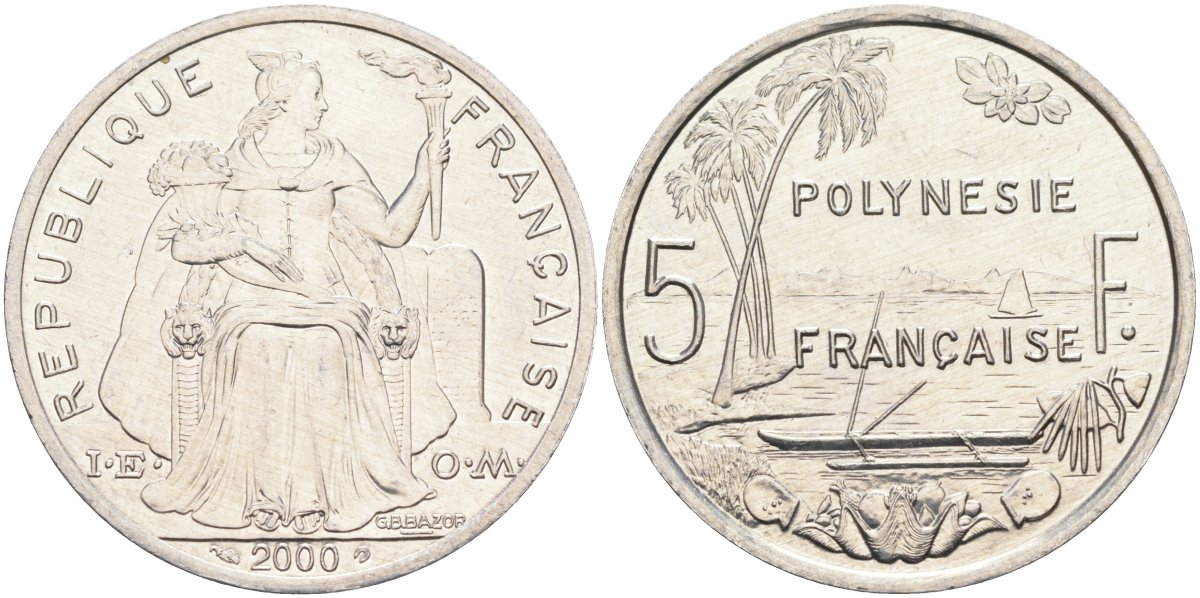 Французская Полинезия 5 франков 2000 KM 12 алюминий 4131-943