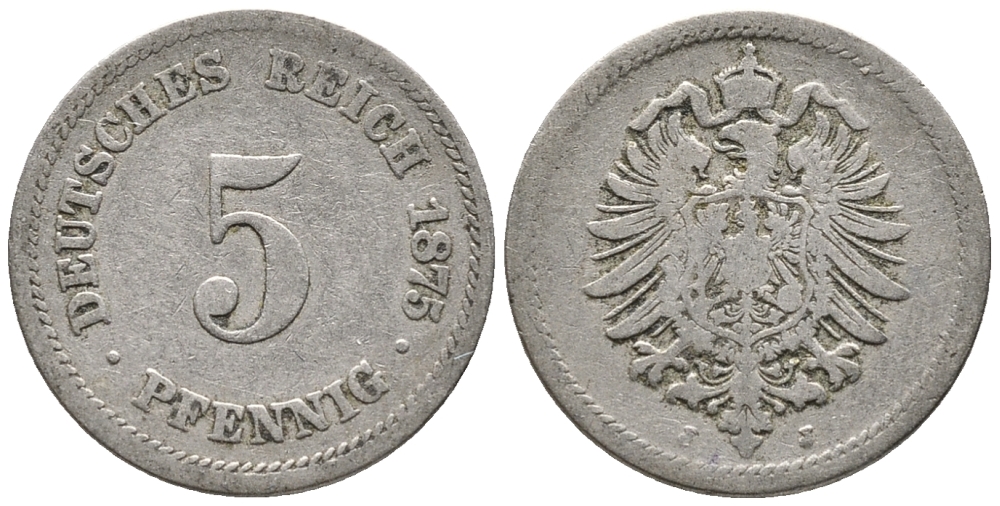 ГЕРМАНИЯ 5 ПФЕННИГОВ 1875 J, СТАРОГЕРБОВКА KM 3, J. 3 медно-никель 39-345