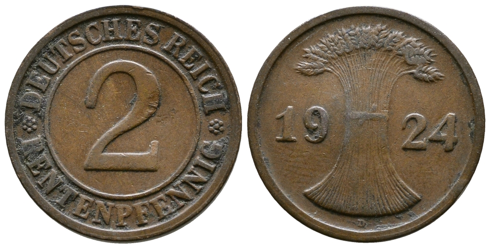 ГЕРМАНИЯ 2 РЕНТЕНПФЕННИГА 1924 D KM 31, J.307 бронза 86-1442