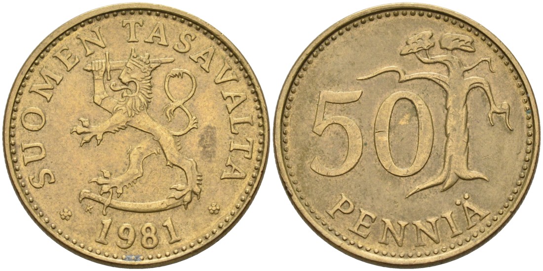 ФИНЛЯНДИЯ 50 ПЕННИ 1981 K KM 48 алюминиевая бронза 4563-437