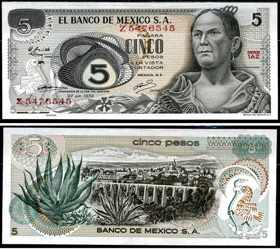 Мексика 5 песо 1972 Pick 62c(2) бумага UNC (пресс) 6281-38-1-2