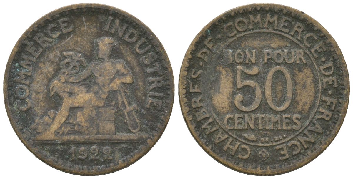 Франция 50 сантимов 1922 тип Chambre de Commerce KM 884, Le Franc 191.5 алюминиевая бронза 4615-649
