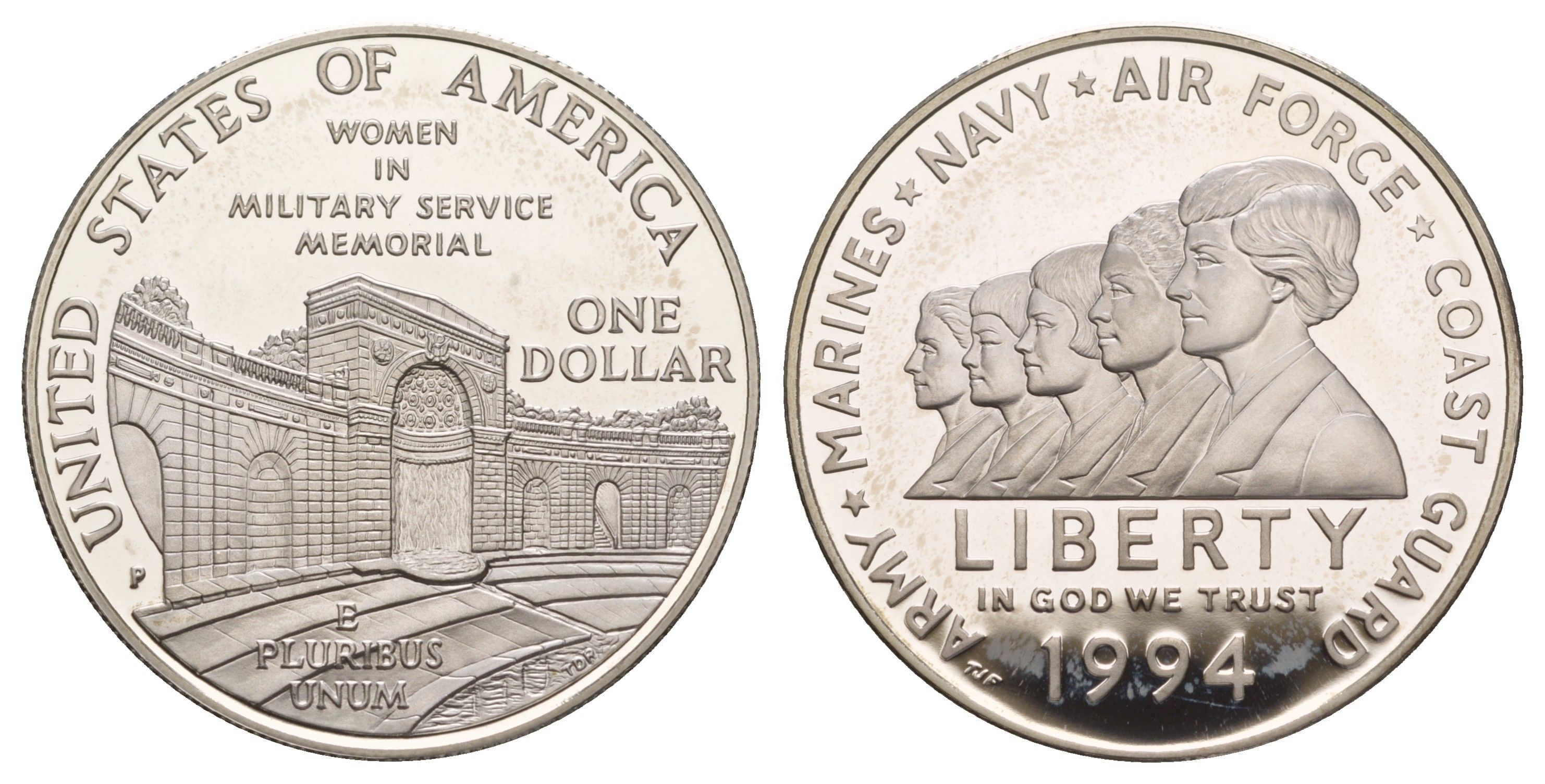 США 1 доллар 1994 P, Мемориал женщинам на военной службе KM 252 серебро PROOF 11-263-11