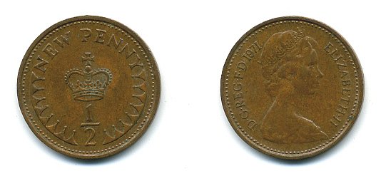 Великобритания 1/2 пенни 1971 Елизавета II (1952-2022) КМ 914, Spink 4239 бронза 4110-1639