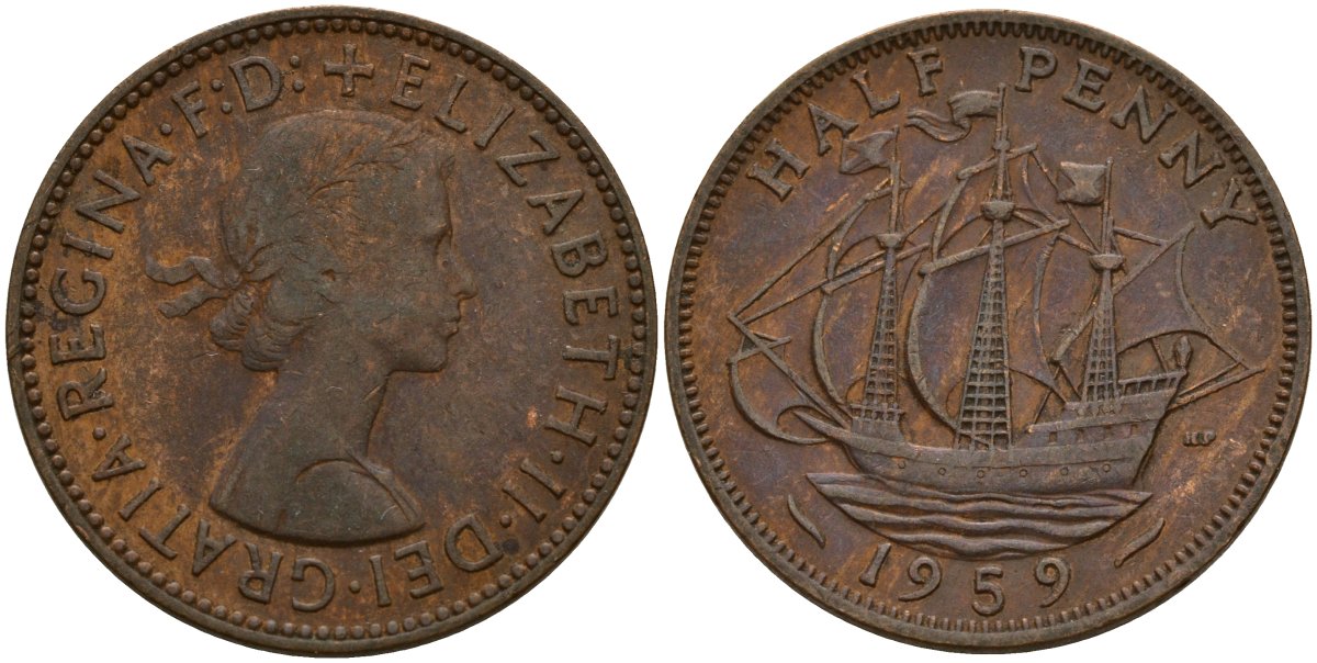 Великобритания 1/2 пенни 1959 Елизавета II (1952-2022) KM 896, Spink 4158 бронза 4159-753