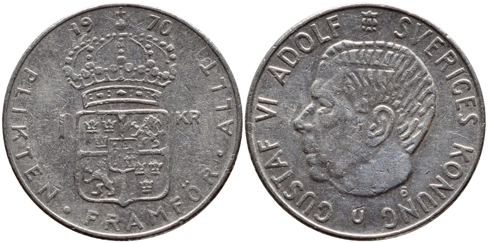 Швеция 1 крона 1970 Густав VI Адольф (1950-1973) KM 826a медь плакированная медно-никелем 4388-931