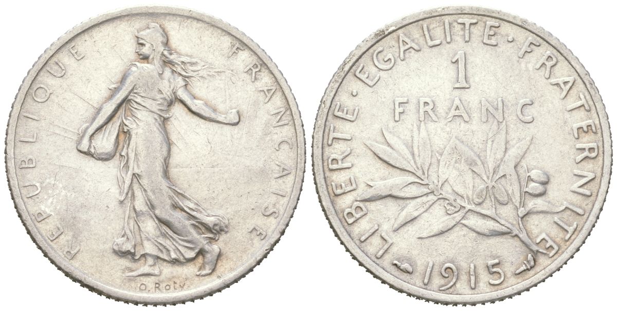 Франция 1 франк 1915 KM 844 серебро 4616-532