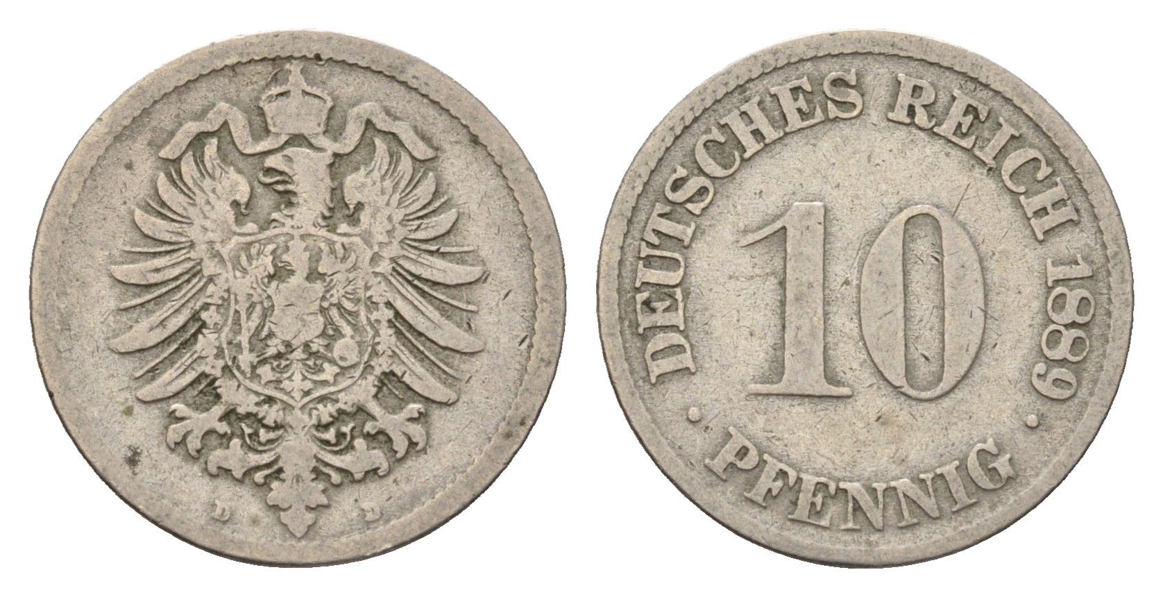 Германия 10 пфеннигов 1889 D, Вильгельм II (1888-1918) KM 4, J. 4 медно-никель 4636-551