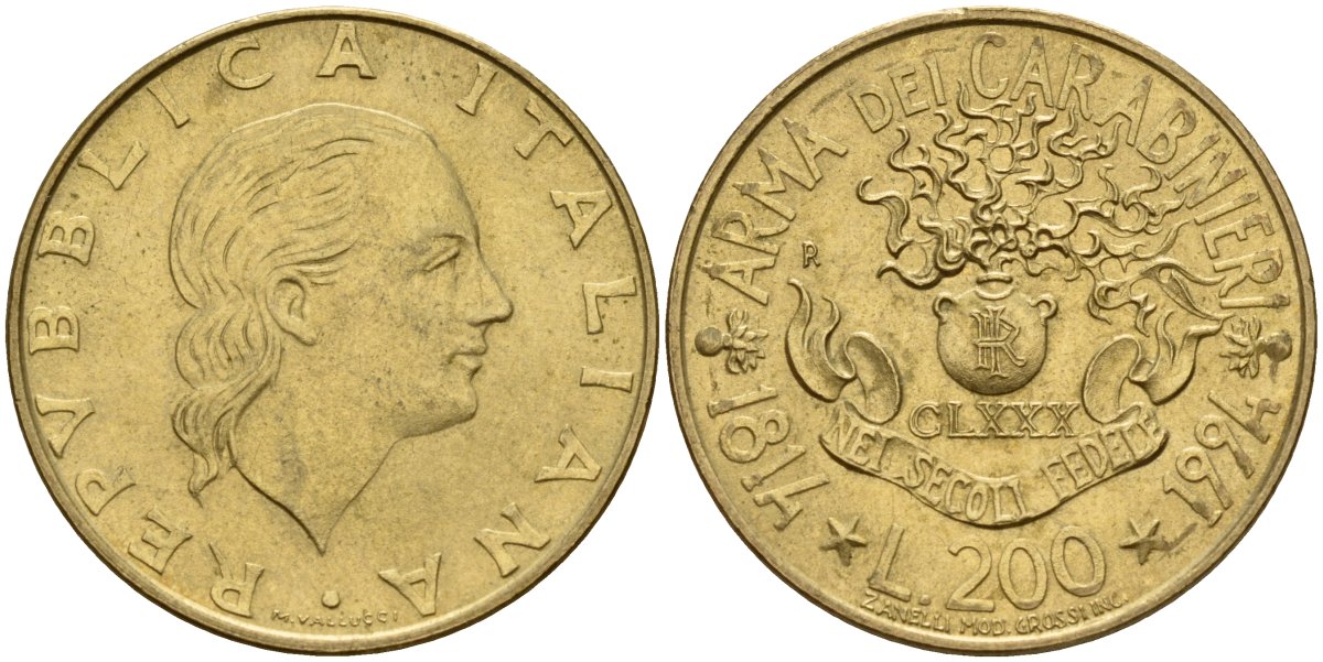 Италия 200 лир 1994 R, 180 лет карабинерам KM 164 алюминиевая бронза 4163-1121