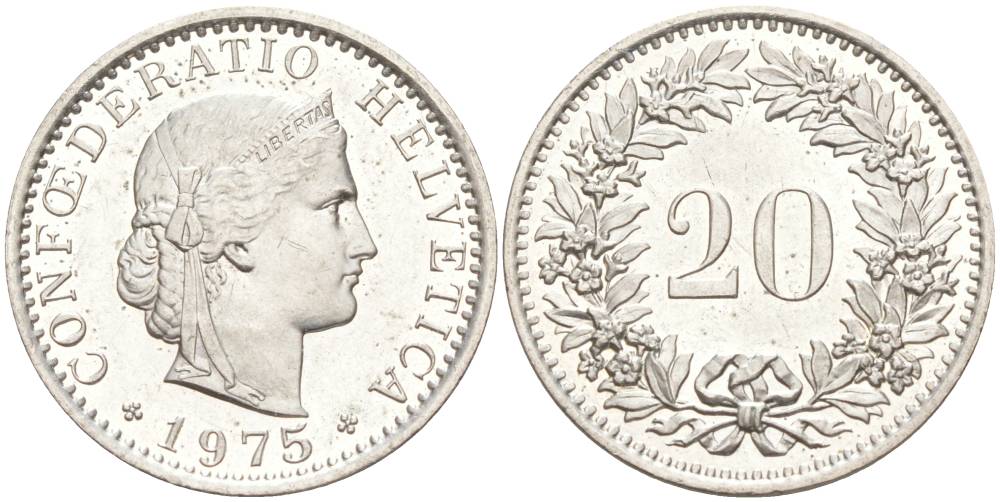 Швейцария 20 раппенов 1975 KM 29a медно-никель 55-937
